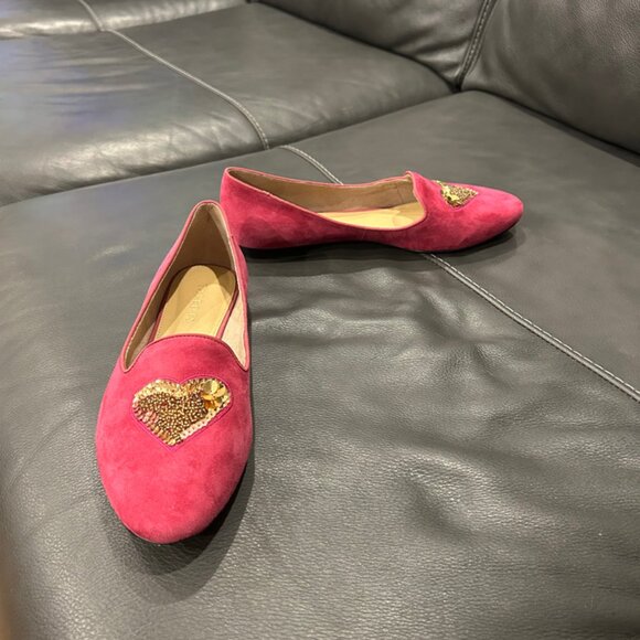 Talbots Raspberry Suede Ryan Novelty Gold Heart Comfort Flats (US 9.5M) - Picture 1 of 9